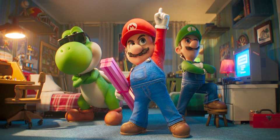 Yoshi, Mario, and Luigi in a bedroom in The Super Mario Galaxy Movie.