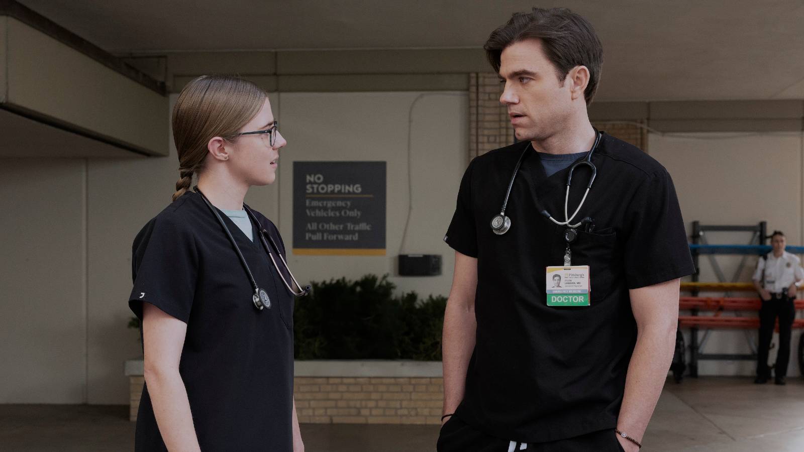 Mel and Langdon standing outside the hospital together in The Pitt season 2