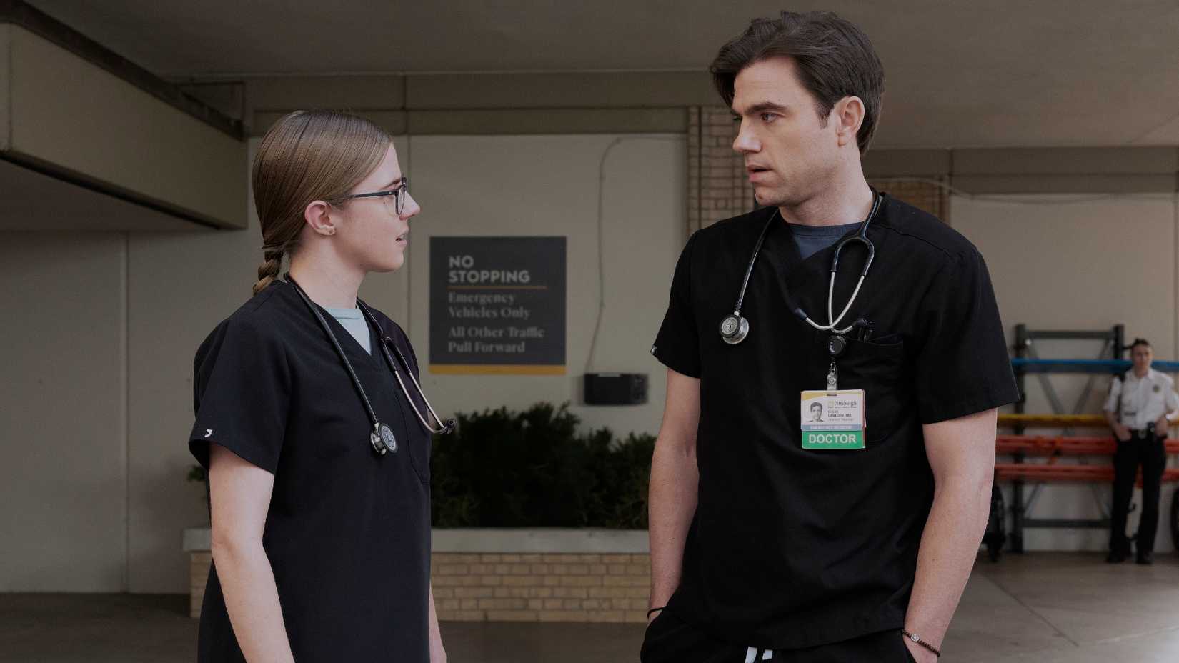 Robby & Dana's Fight Escalates 4 Mel and Langdon standing outside the hospital together in The Pitt season 2