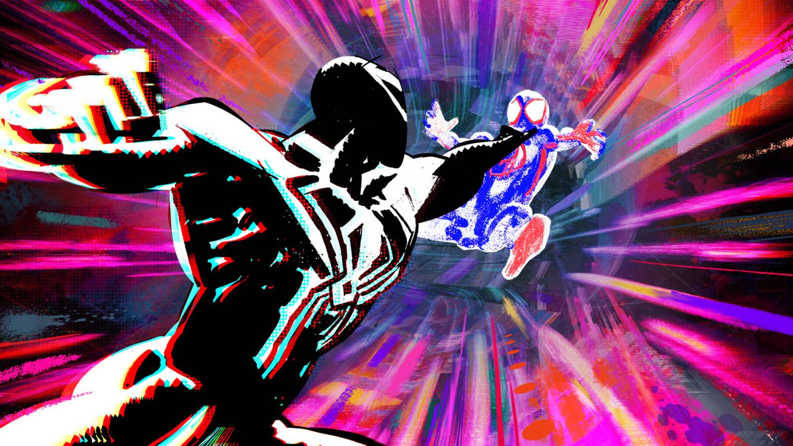 Miles Morales is hit by Spider-Man 2099 in kaleidoscope-lie animation in Spider-Man Beyond the Spider-Verse