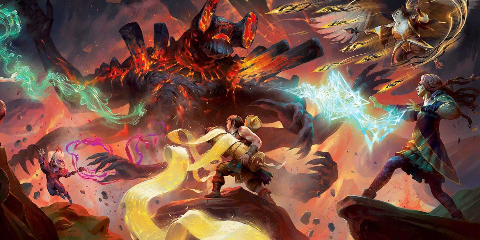 MTG  Strixhaven characters fighting a monster