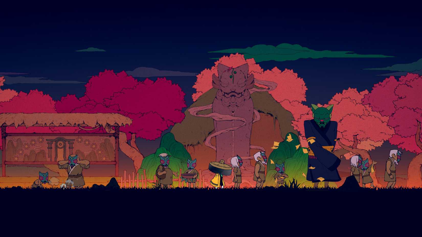 Nine Sols screenshot of characters near trees and a statue
