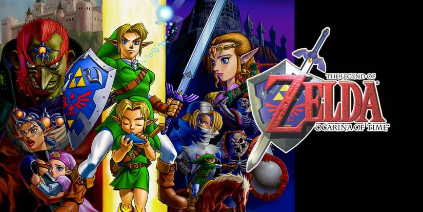 Ocarina of Time art showing the principal cast next to the game's logo.