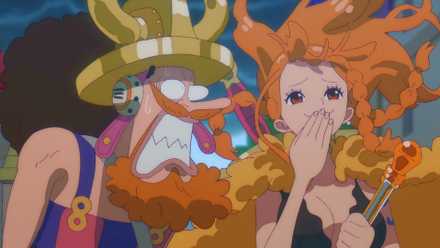 Screenshot from One Piece anime episode 1159 shows Nami and Usopp together while Usopp looks angry and Nami is laughing to herself after hitting the giant Road with a huge lightning attack.