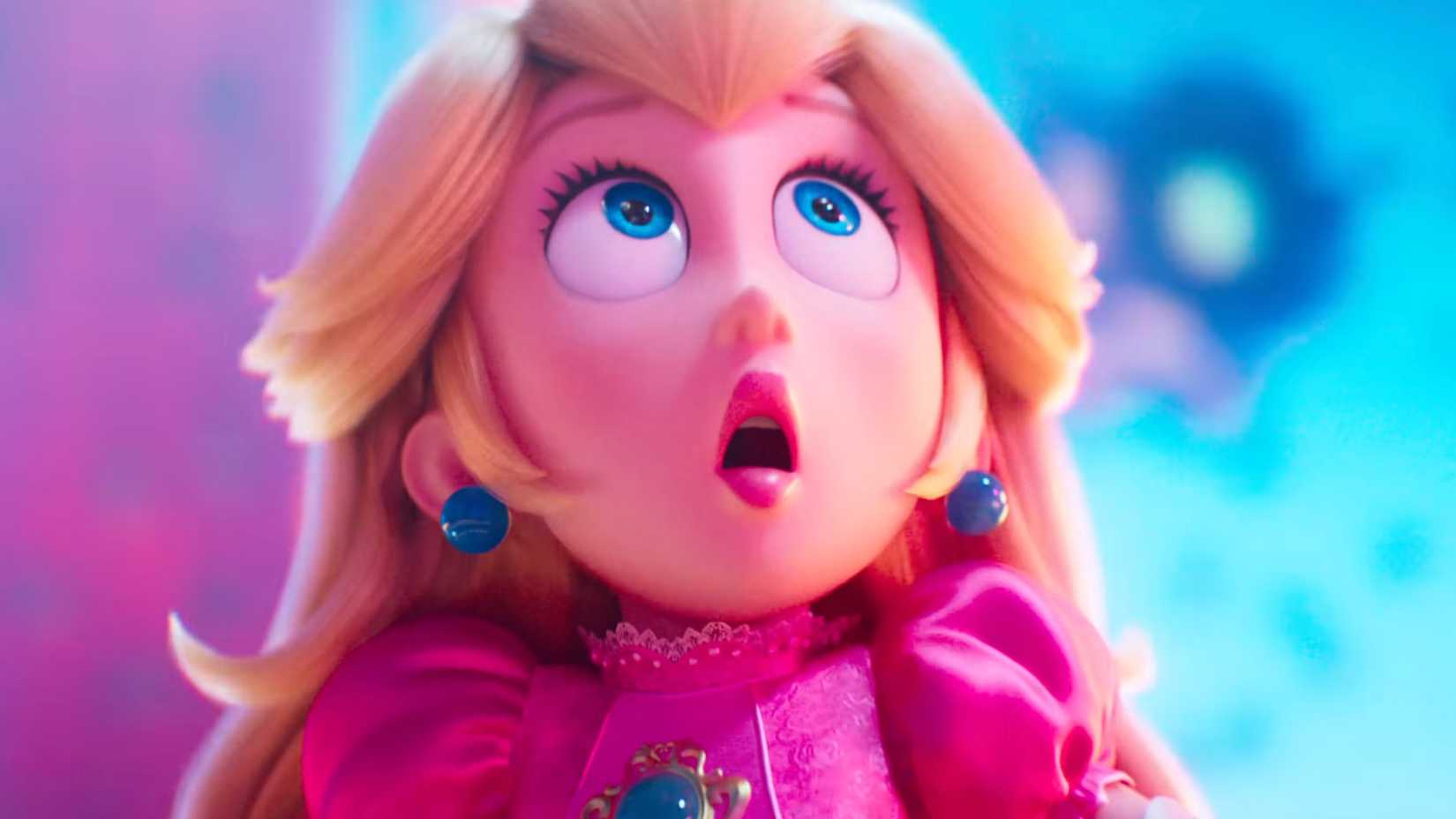 Peach looks up with shock on her face in The Super Mario Galaxy Movie