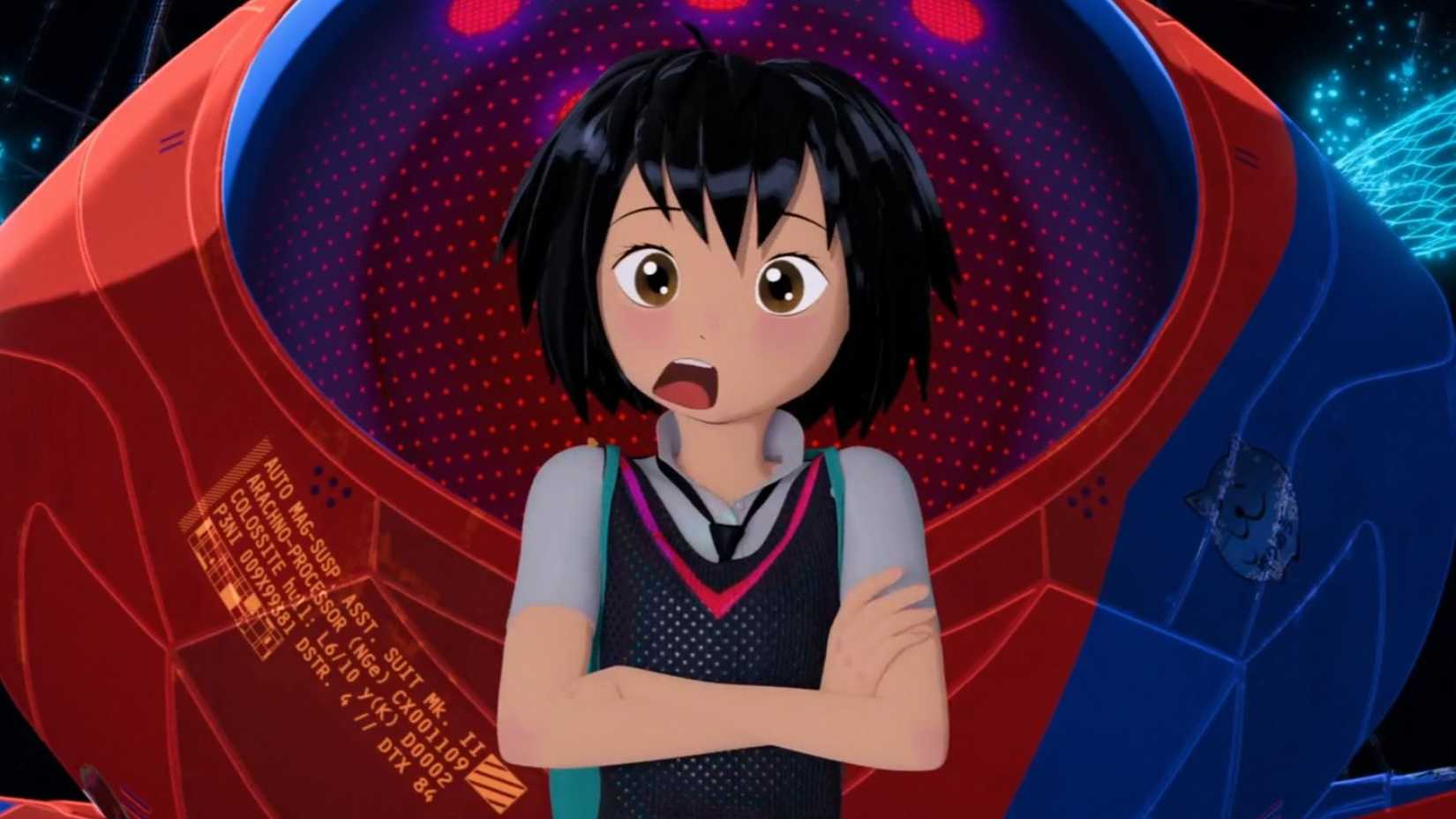 Peni Parker em frente ao seu robô em Spider-Man Into the Spider-Verse