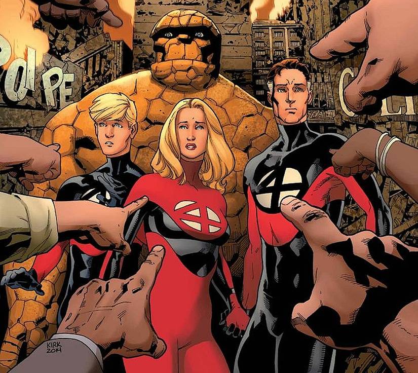 People pointing fingers at the Fantastic Four in their red-and-black costumes