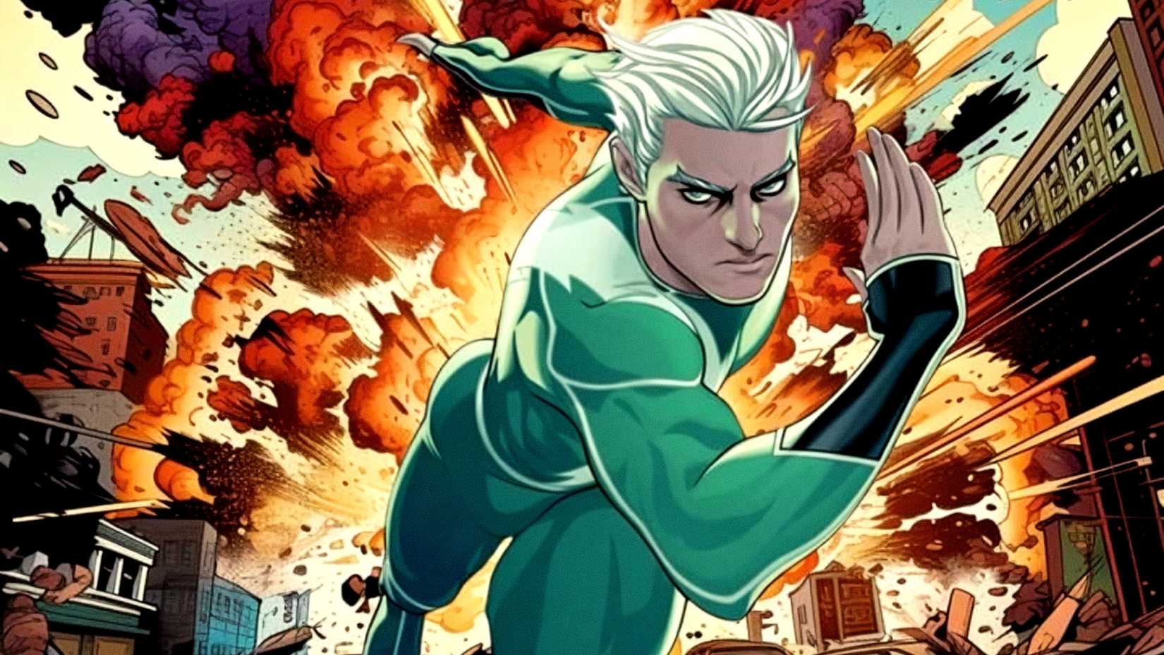 Pietro Maximoff aka Quicksilver runs away from an explosion in Marvel Comics art