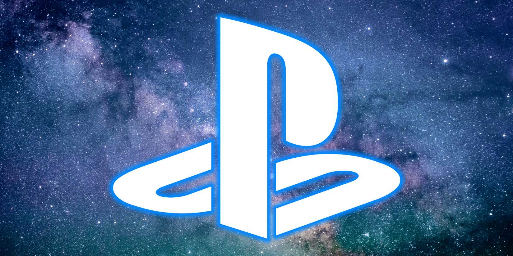 A white PlayStation is superimposed over a blue and purple nebula.