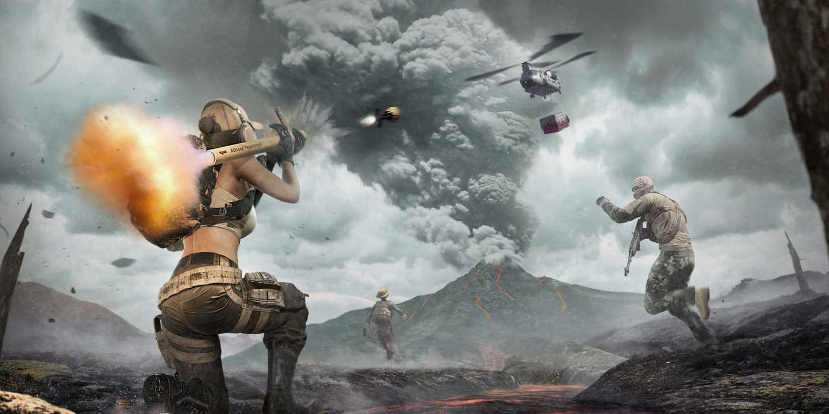 A player fires a rocket launcher in PUBG