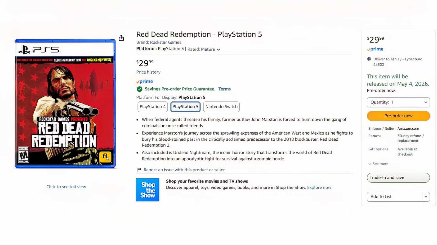 Red Dead Redemption Amazon listing