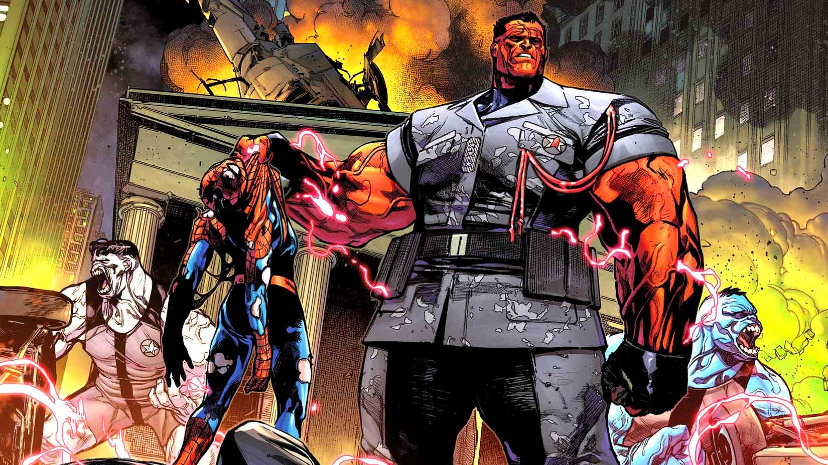 Red Hulk holds a battered Spider-Man surrounded by Gamma mutates
