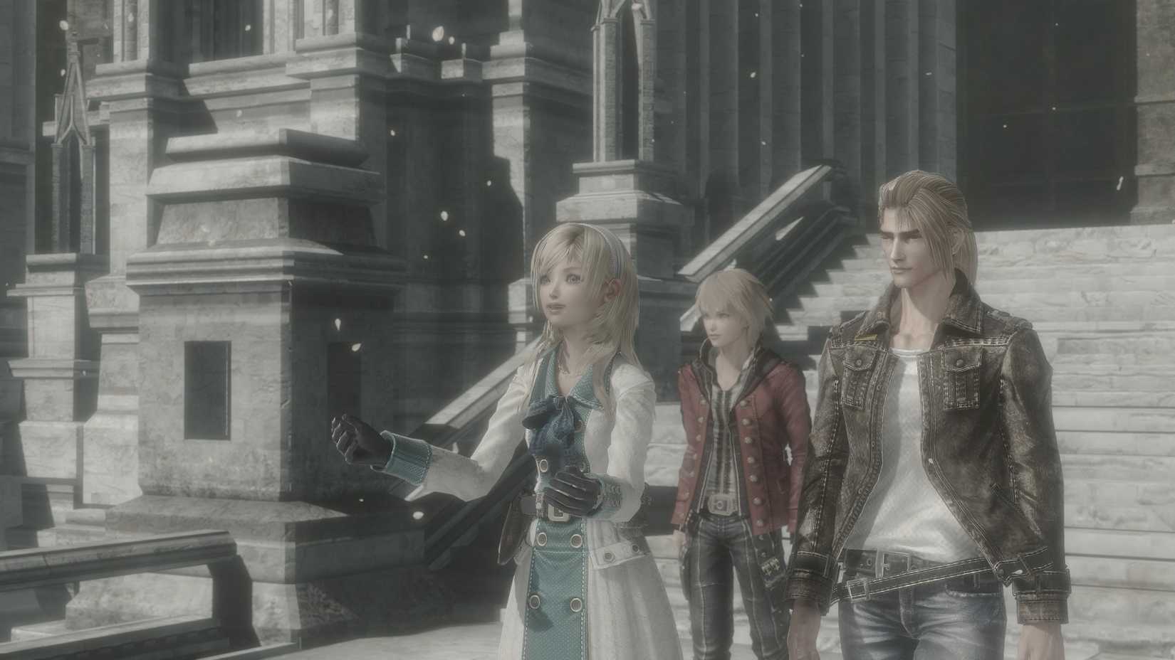 Resonance of Fate protagonist trio standing on gray steps in the snow