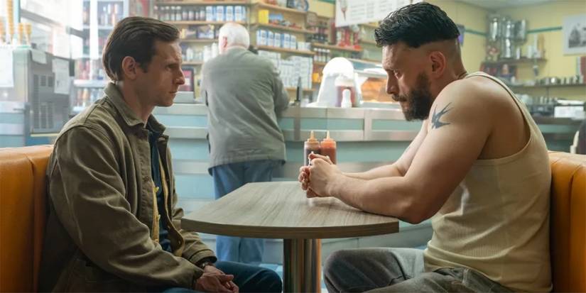 richard gadd as ruben and jamie bell as niall sitting across from each other in half man