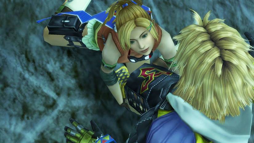 Rikku from final fantasy 10 clinging to tidus's leg