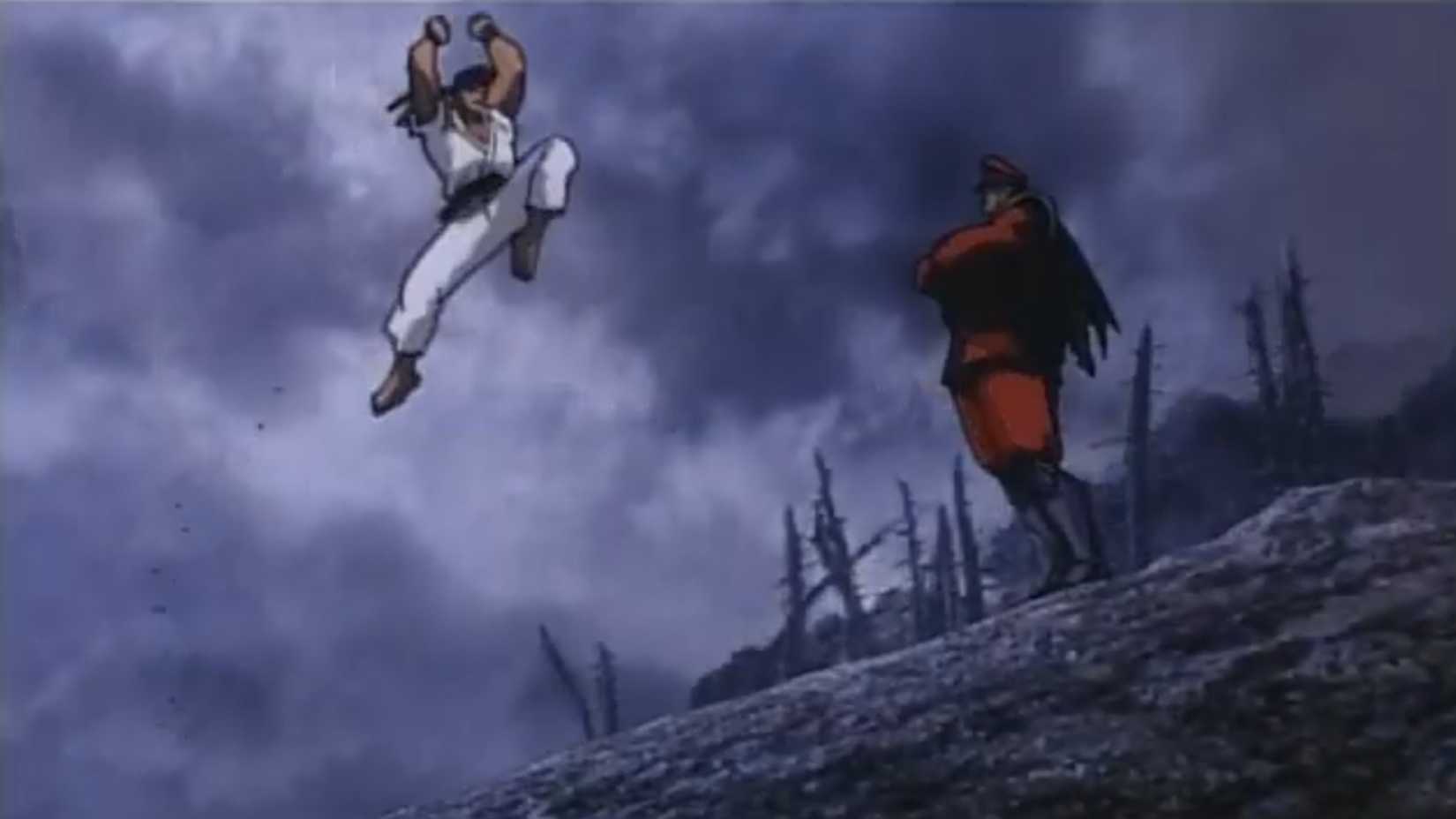 ryu jumping into the air toward m bison in street fighter 2 the animated movie