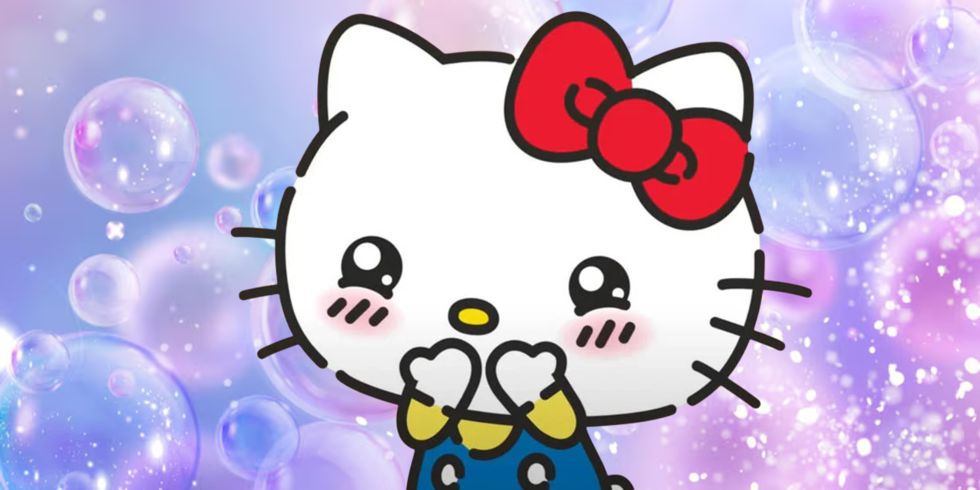 Sanrio's Hello Kitty with a sparkly bubble background