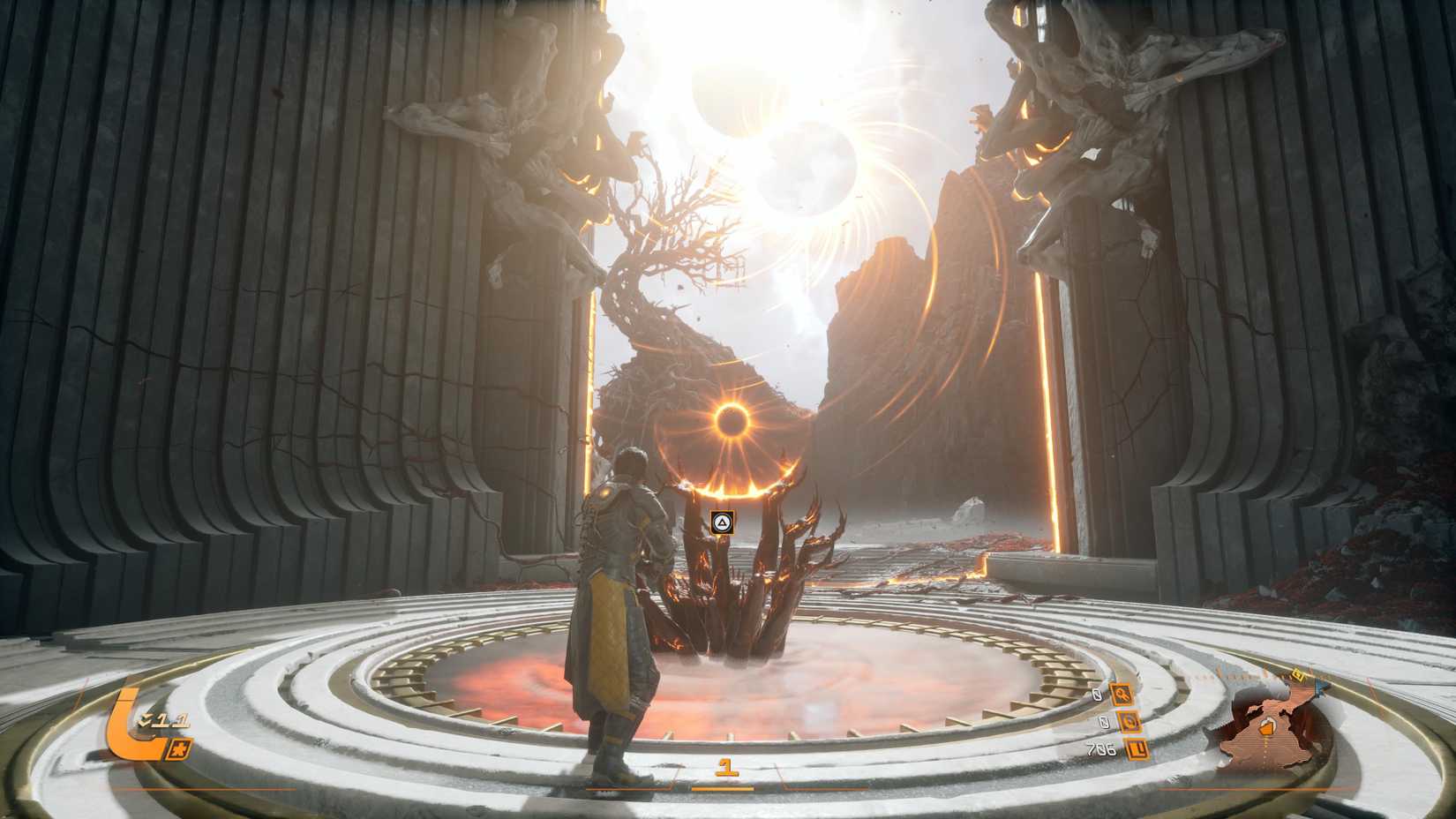 Arjun looking at the Eclipse Device in Shattered Rise, which looks like a bunch of black and orange hands holding up an eclipse.