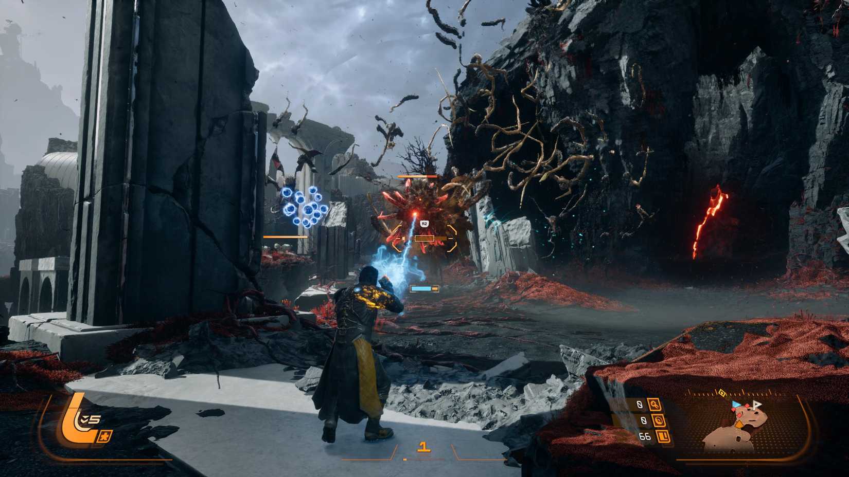 Arjun fighting a group of enemies in Saros' Shattered Rise Biome. Enemies are flying toward Arjun alongside glowing blue projectiles.