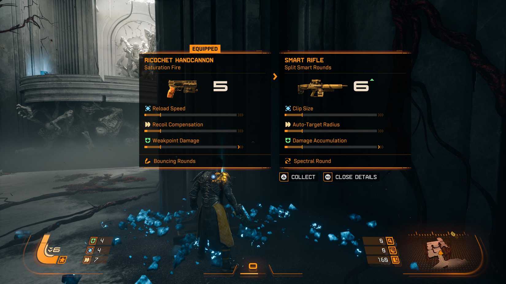 Arjun looking at two weapons in Saros, which have their stats superimposed on the game via two floating menus.