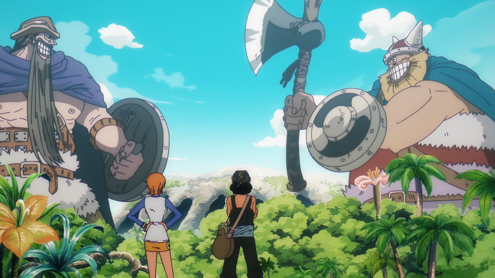 Screenshot from One Piece episode 1056 shows a reanimated Little Garden Flashback showing giant Dory and Brogy fighting in front of Usopp and Nami.