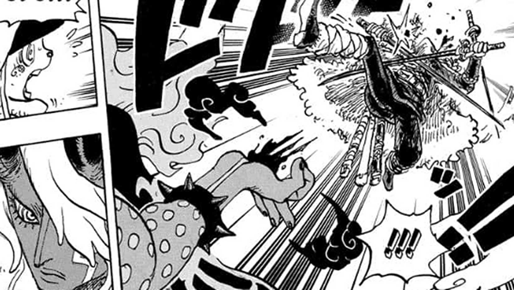 A Panel From One Piece Chapter 1180 seeing Imu blast off Zoro using Omen.