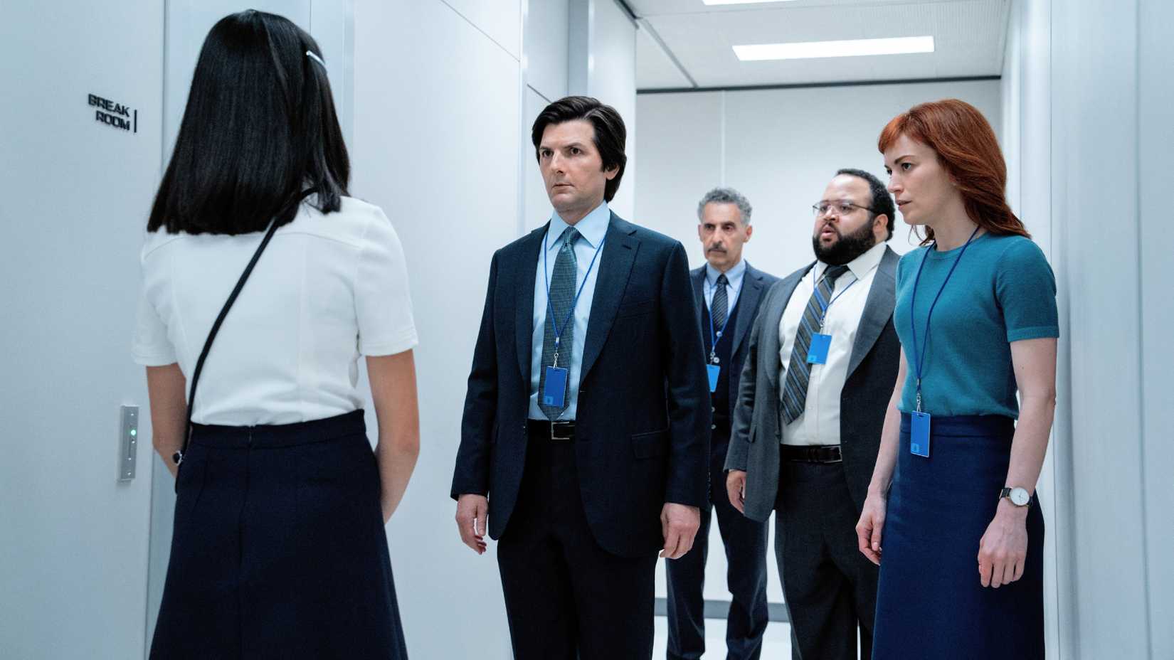 Mark, Irving, Dylan, and Helly Talking to Miss Huang in the Hall in Severance