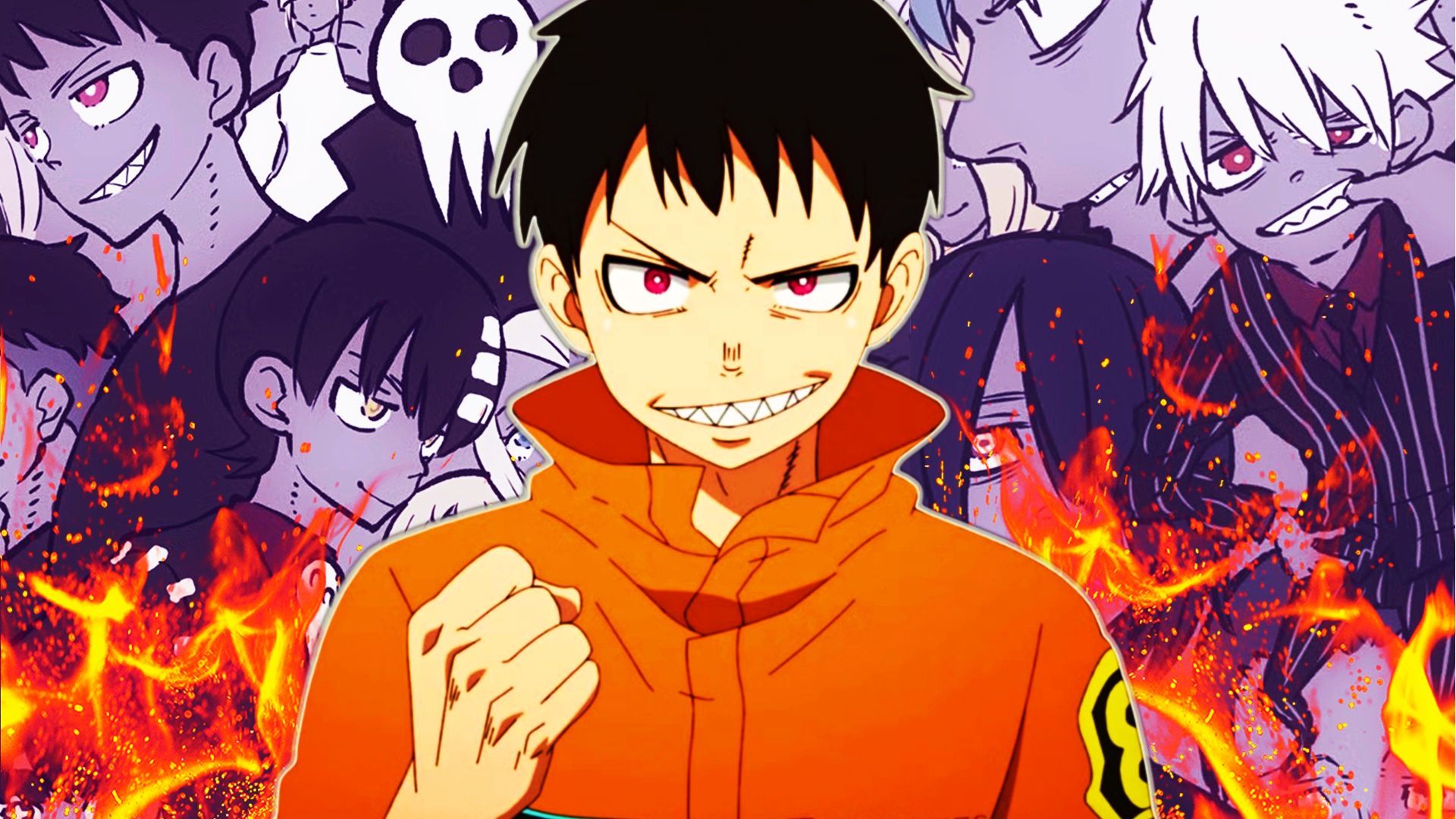 Shinra Kusakabe in front of characters from the animes Fire Force and Soul Eater
