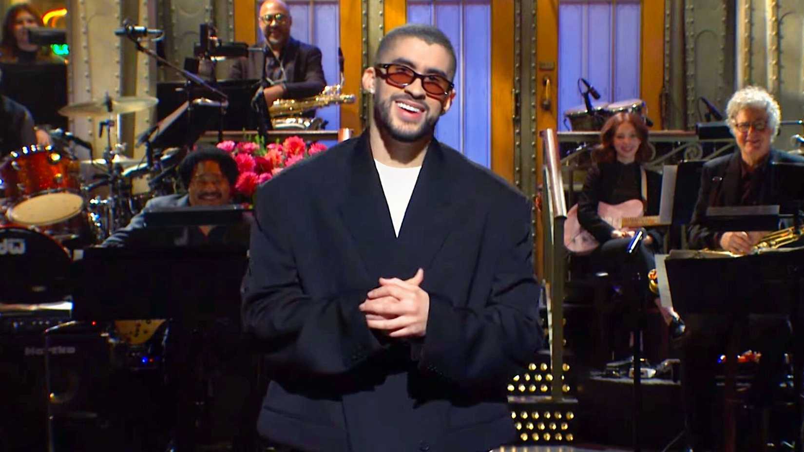 Bad Bunny smiles during his 2023 SNL monologue