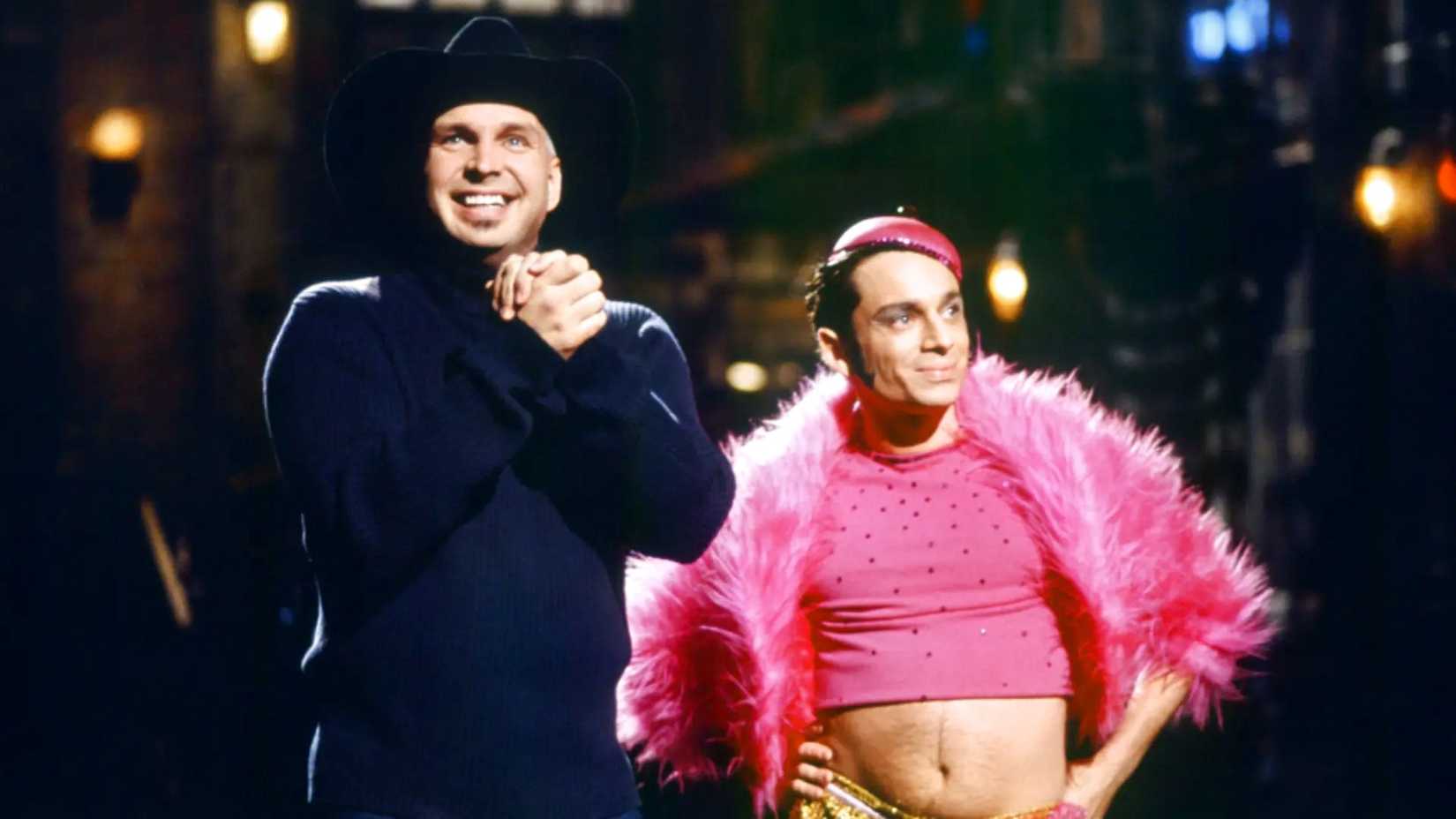 Garth Brooks on stage with Chris Kattan, who plays Mango on SNL.