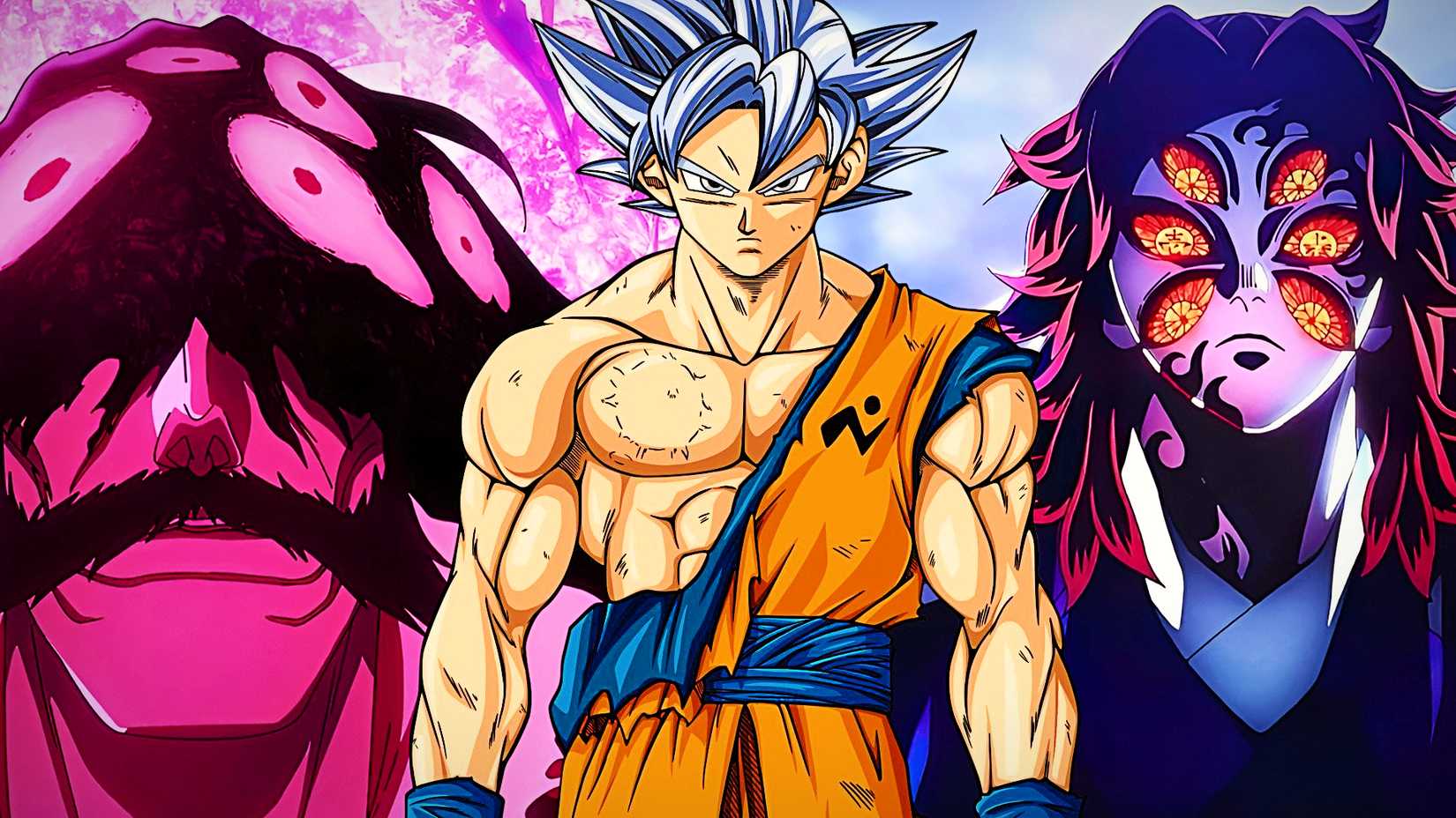 Son Goku from Dragon Ball in front of Yhwach from Bleach and Kokushibo from Demon Slayer