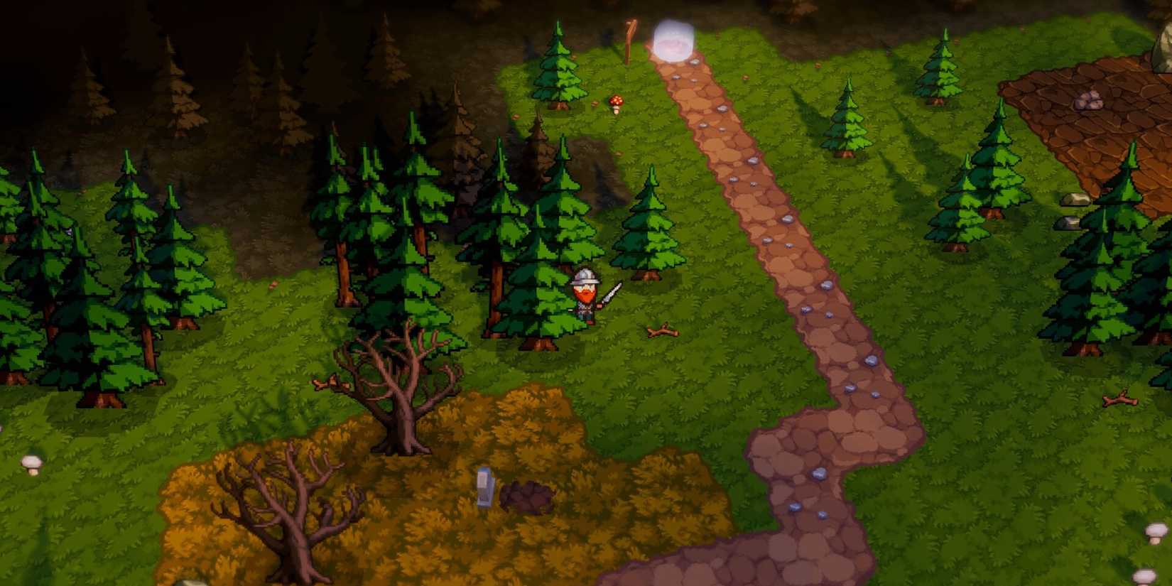 A character stands in the forest in Soulscape.