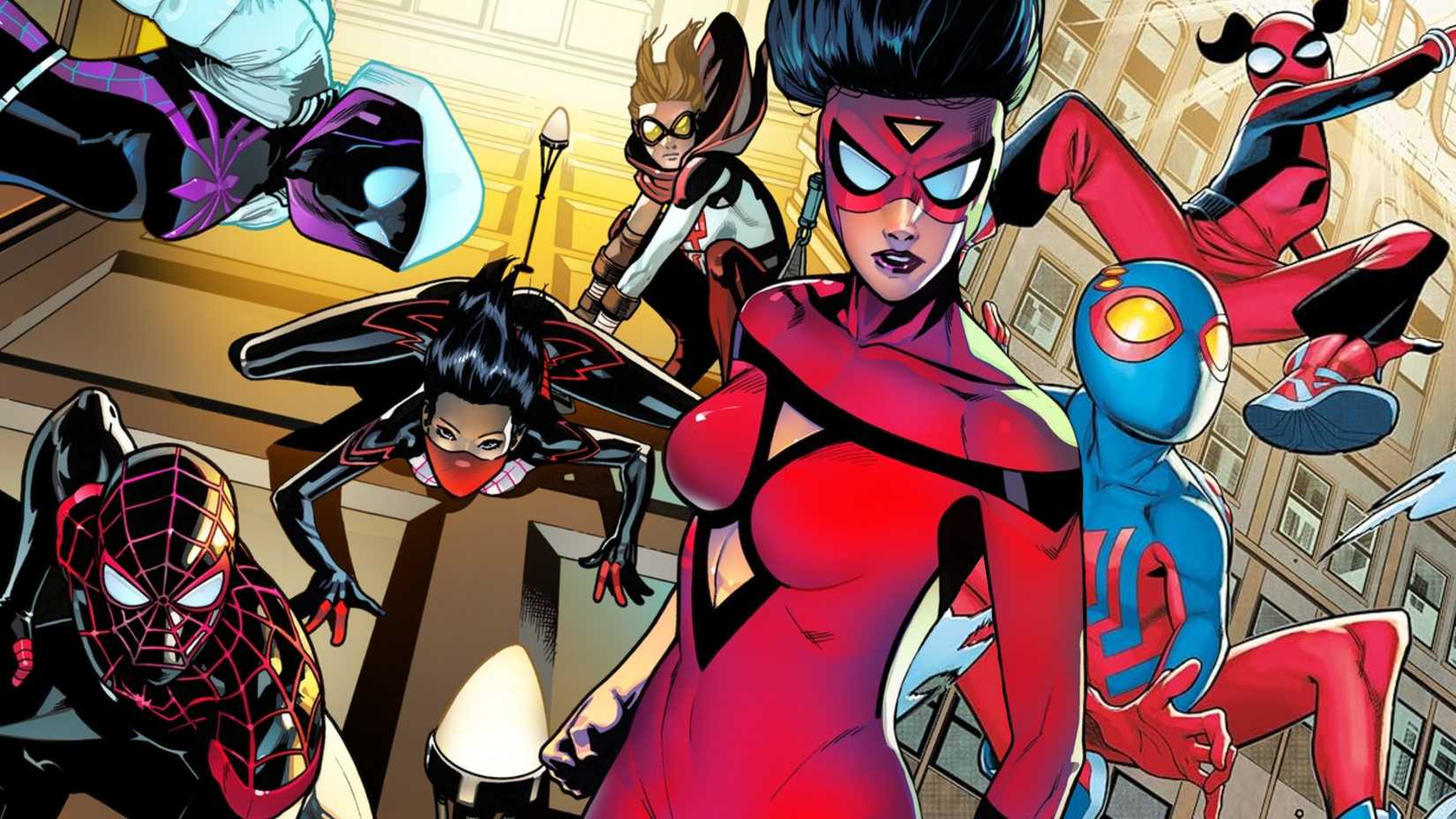 spider-versity heroes from new spider-man spinoff, including spiderwoman