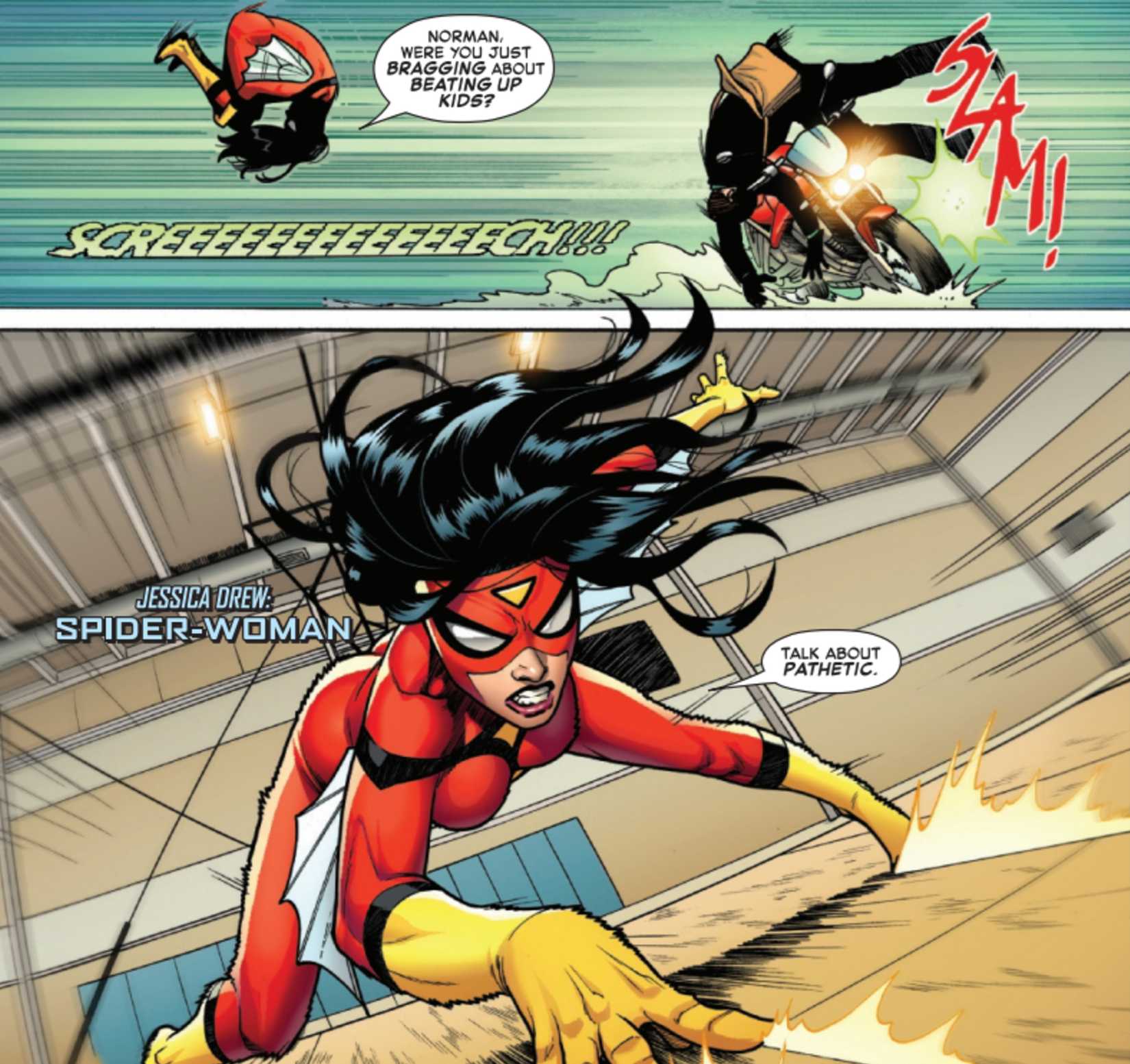 spider-woman fighting using her motorbike