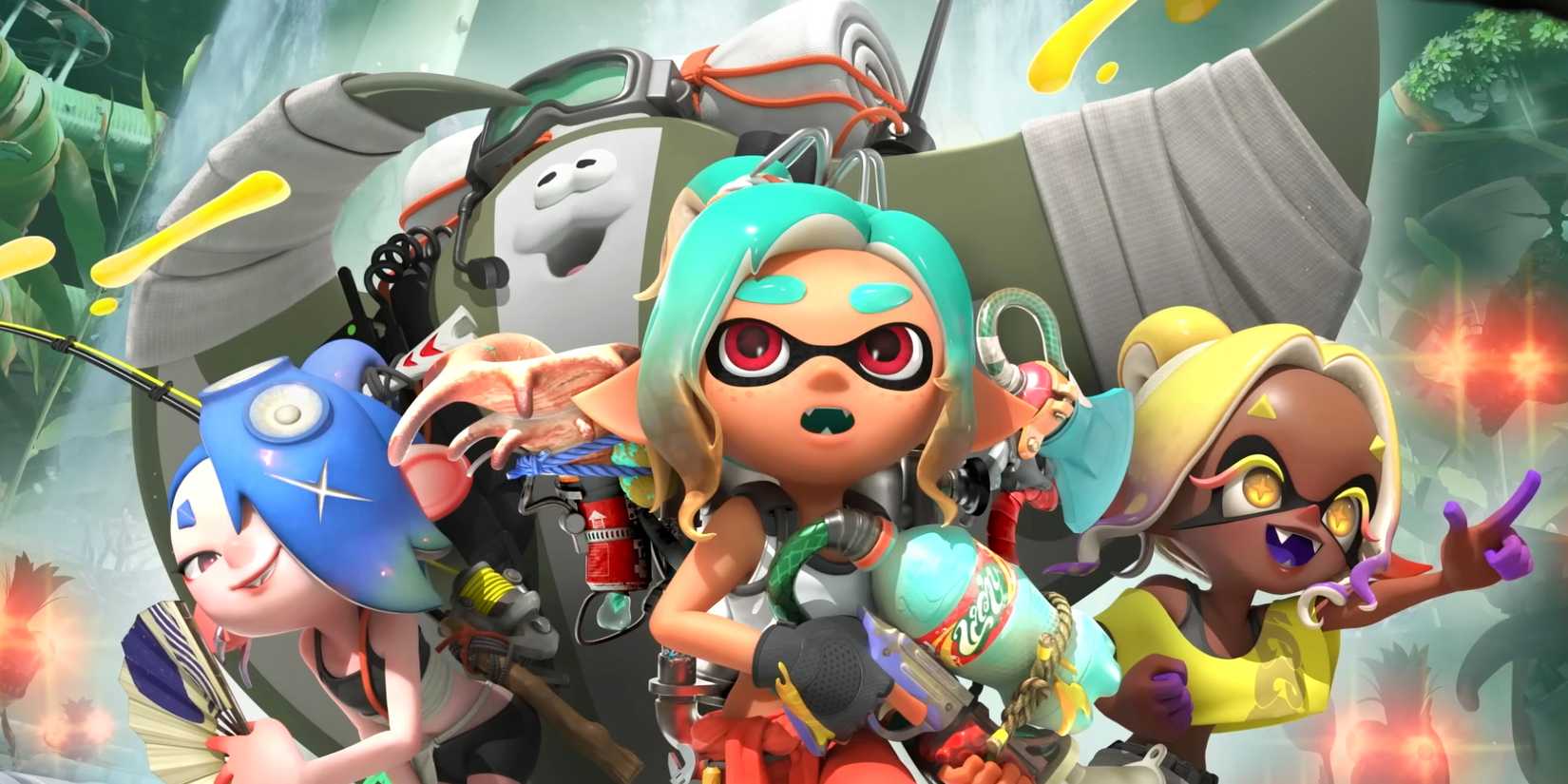 Splatoon Raiders key art showing the Mechanic posing with the three members of Deep Cut.