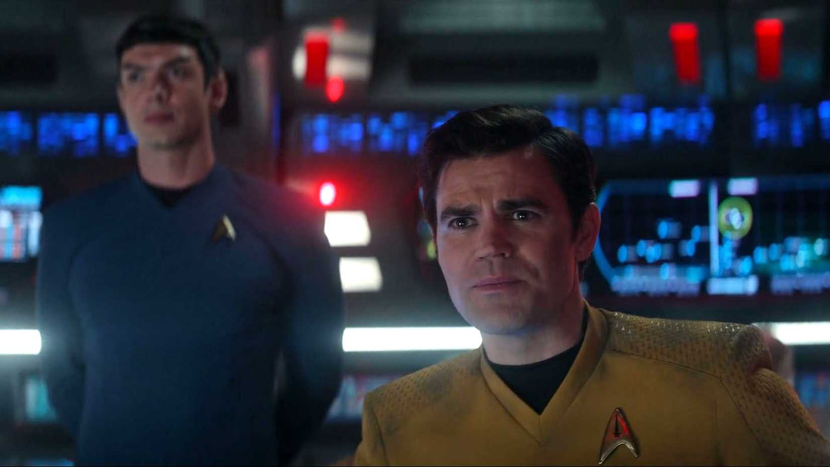Spock and Captain Kirk on the bridge in Strange New Worlds