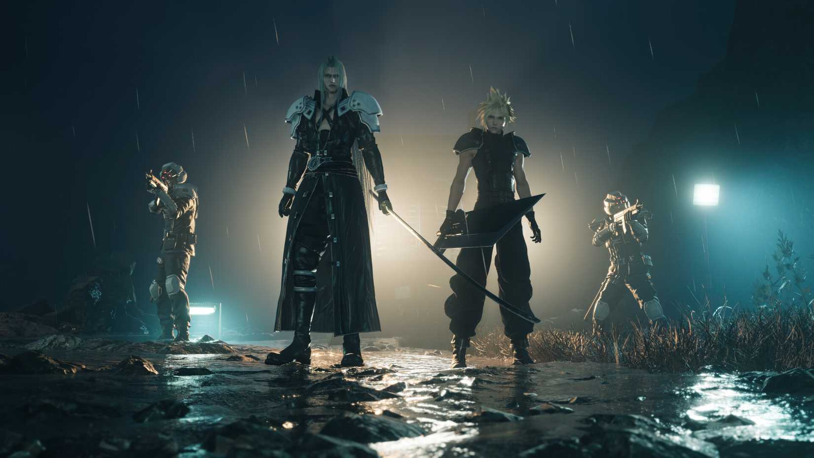 Cloud and Sephiroth standing side by side 