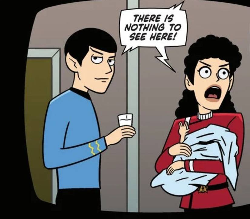Image of Lower Decks style Spock and Saavik, with Saavik holding an infant