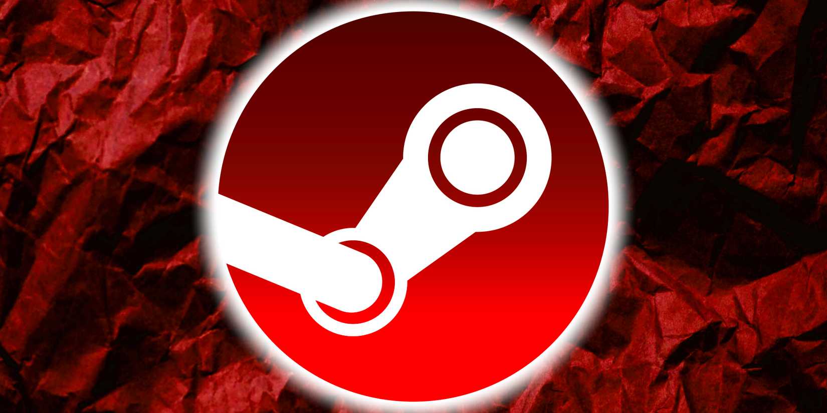 The red Steam logo is superimposed over a red crumpled background.