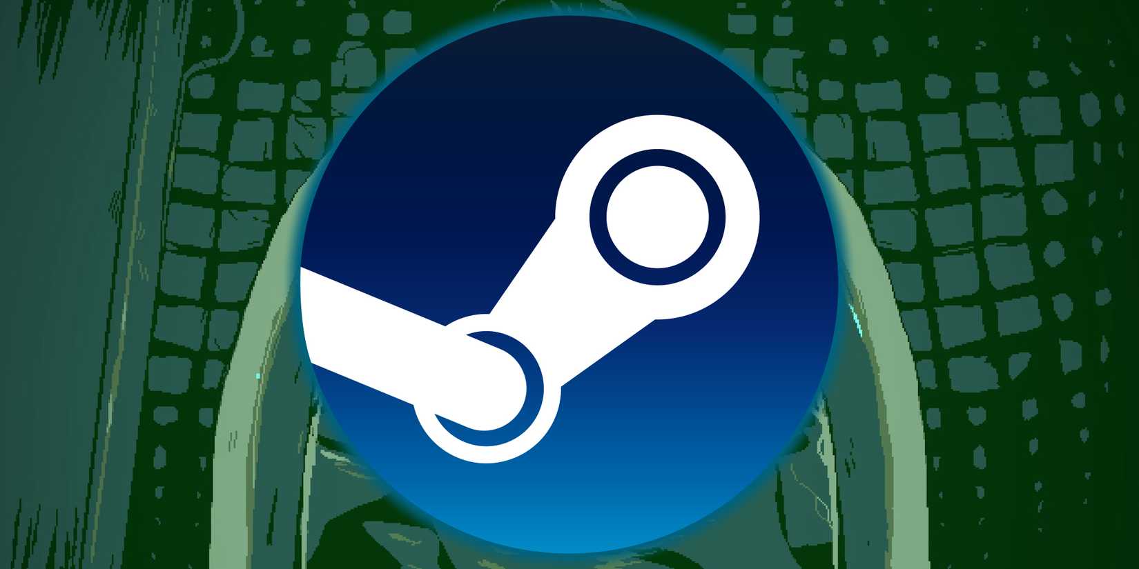 The Steam logo is superimposed over a dark green pixel art background.