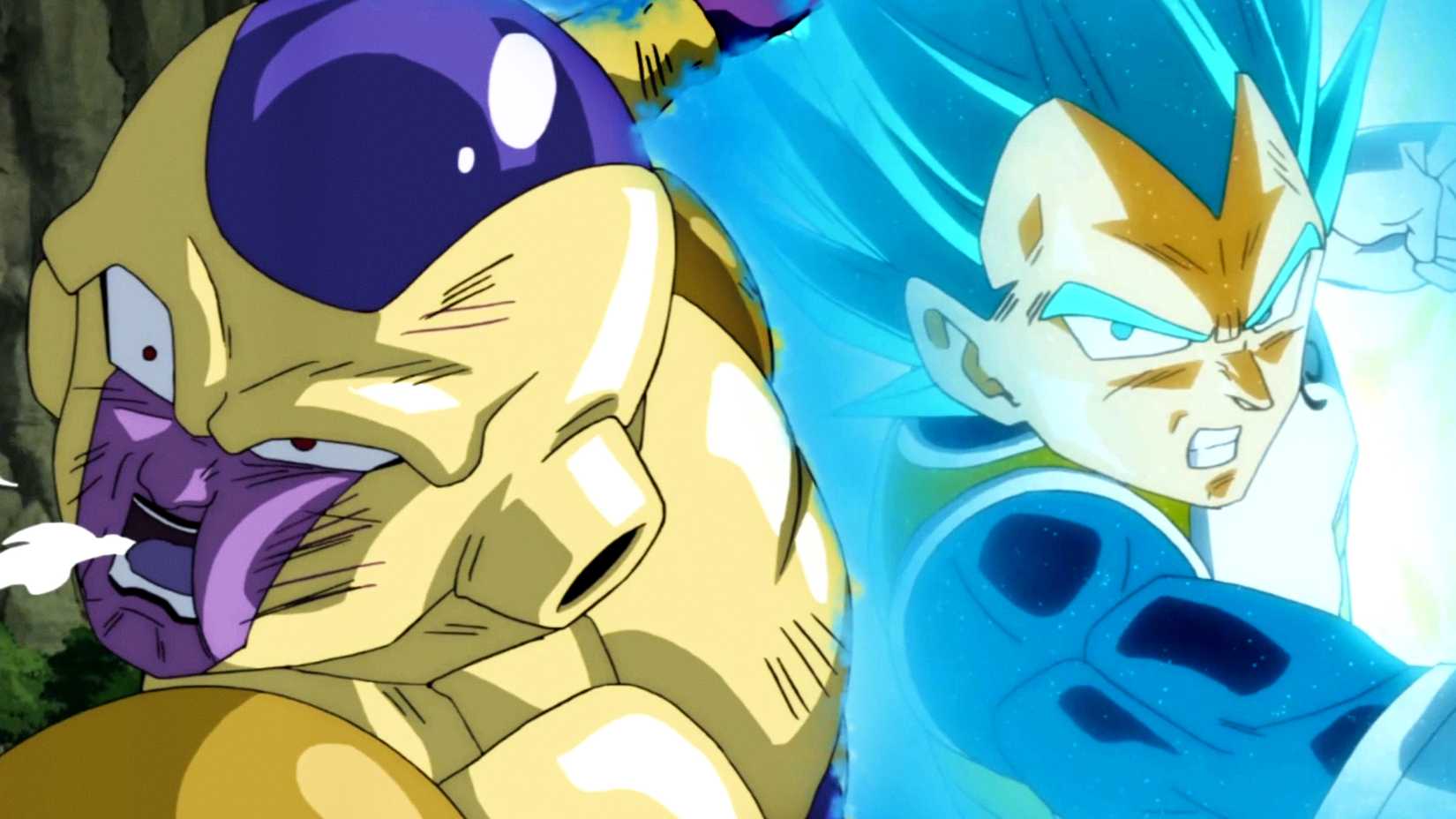 Super Saiyajin Blue Vegeta soca Golden Frieza no rosto em Dragon Ball Super