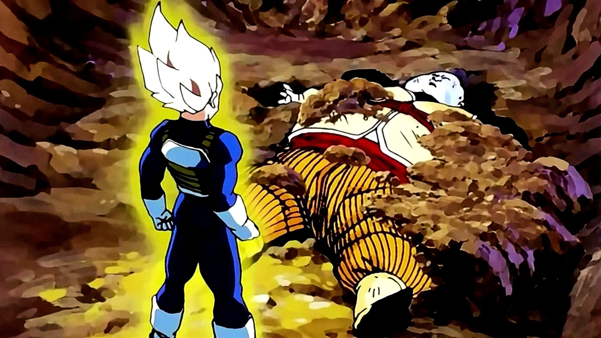 Vegeta derrota o Android 19 em sua forma Super Saiyan