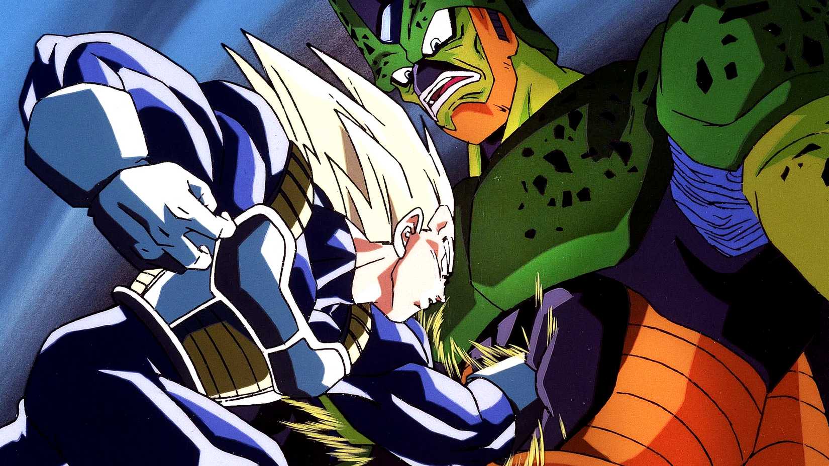 Super Saiyajin Vegeta soca Semi Perfect Cell no estômago em Dragon Ball Z