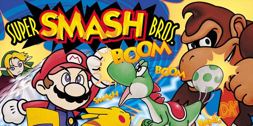 Cover art for Super Smash Bros. on the N64, with Mario, Yoshi, DK, Pikachu, and Link fighting.