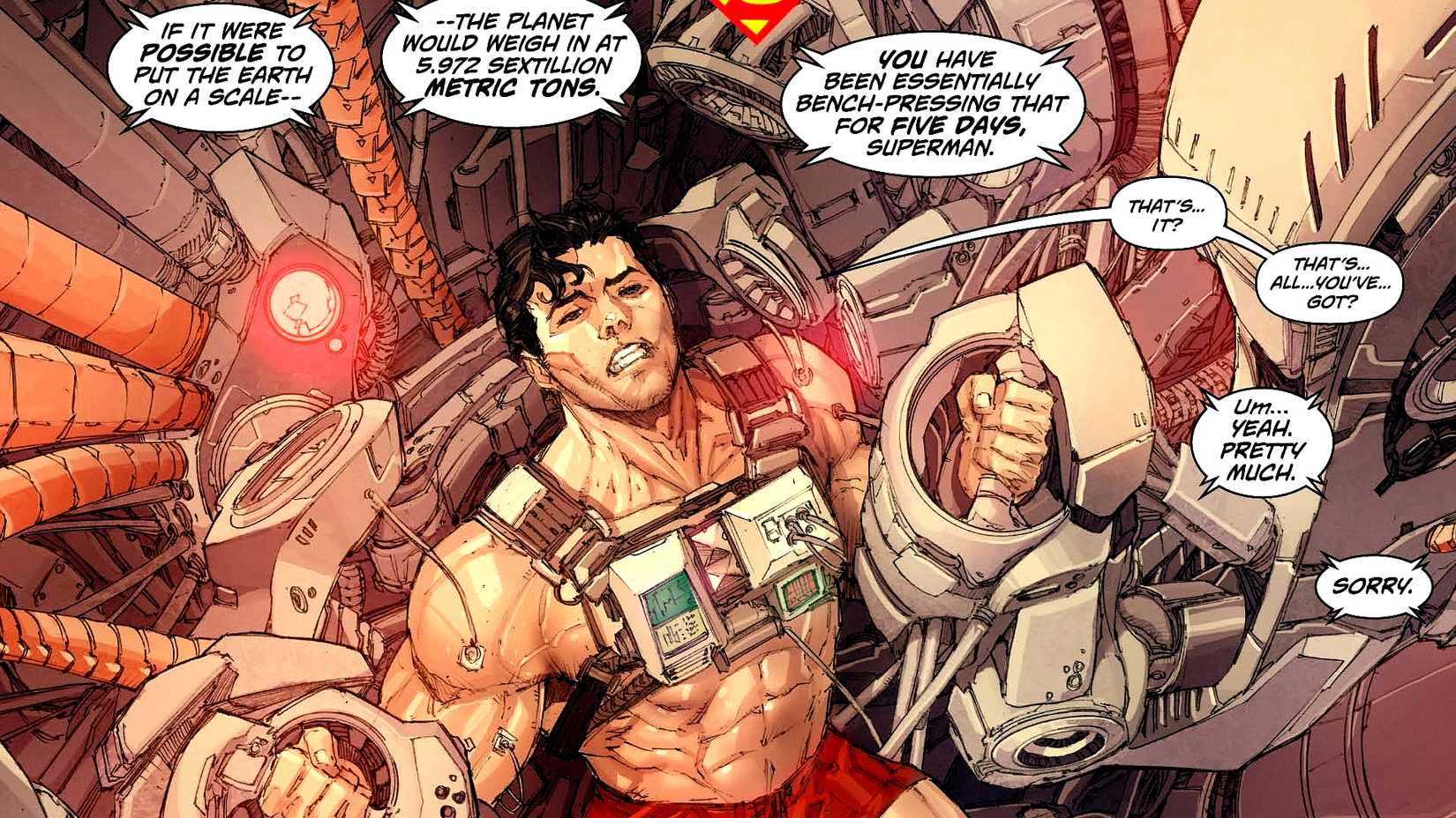 Superman bench-presses the weight of the Earth in DC Comics