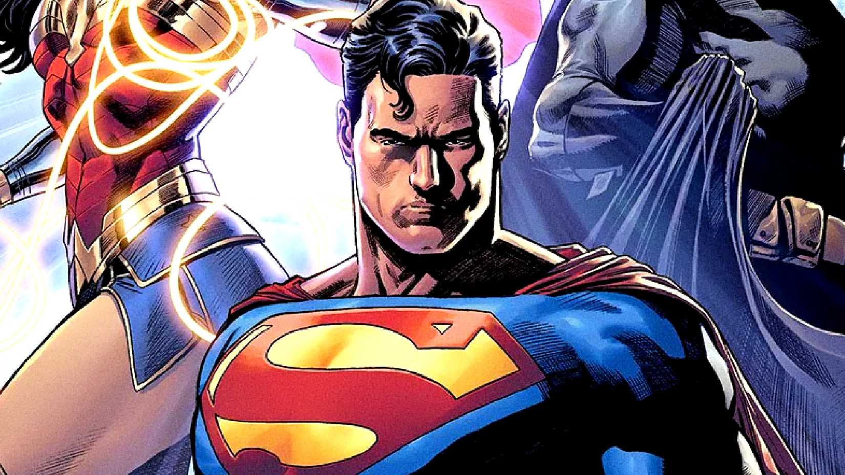 Superman shows off his chest emblem in the middle of the DC Comics Trinity