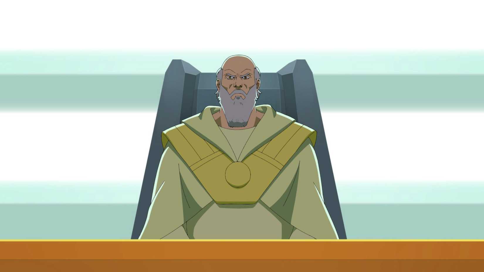 Thaedus looking angry while sitting on his chair during a Coalition of Planets meeting in Invincible season 4