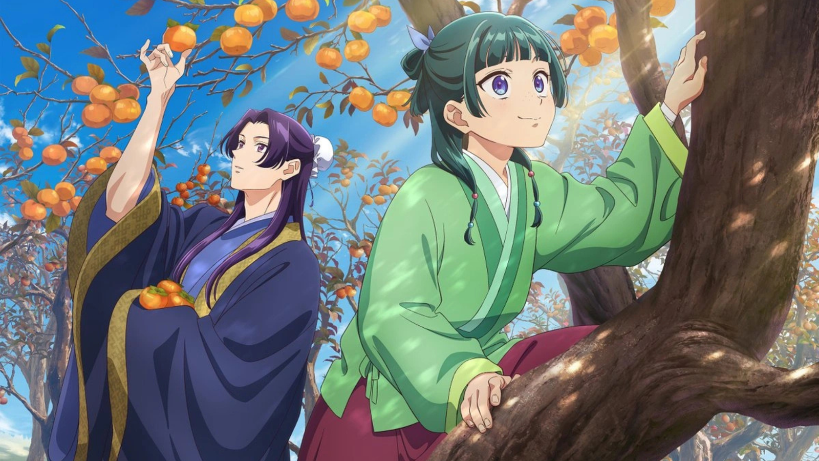 The Apothecary Diaries - Maomao and Jinshi picking golden apples anime image