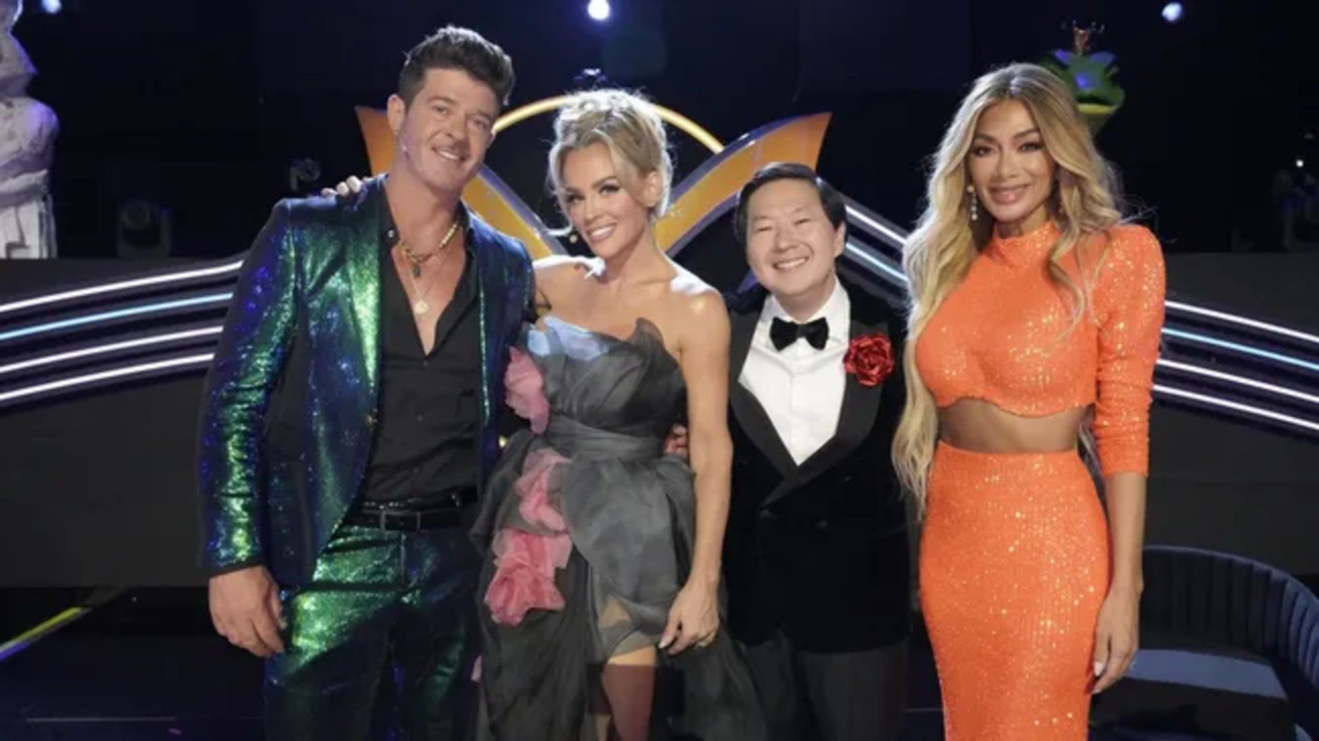 The Masked Singer Panelists Robin Thicke, Jenny McCarthy-Wahlberg, Ken Jeong, and Nicole Scherzinger Posing Together