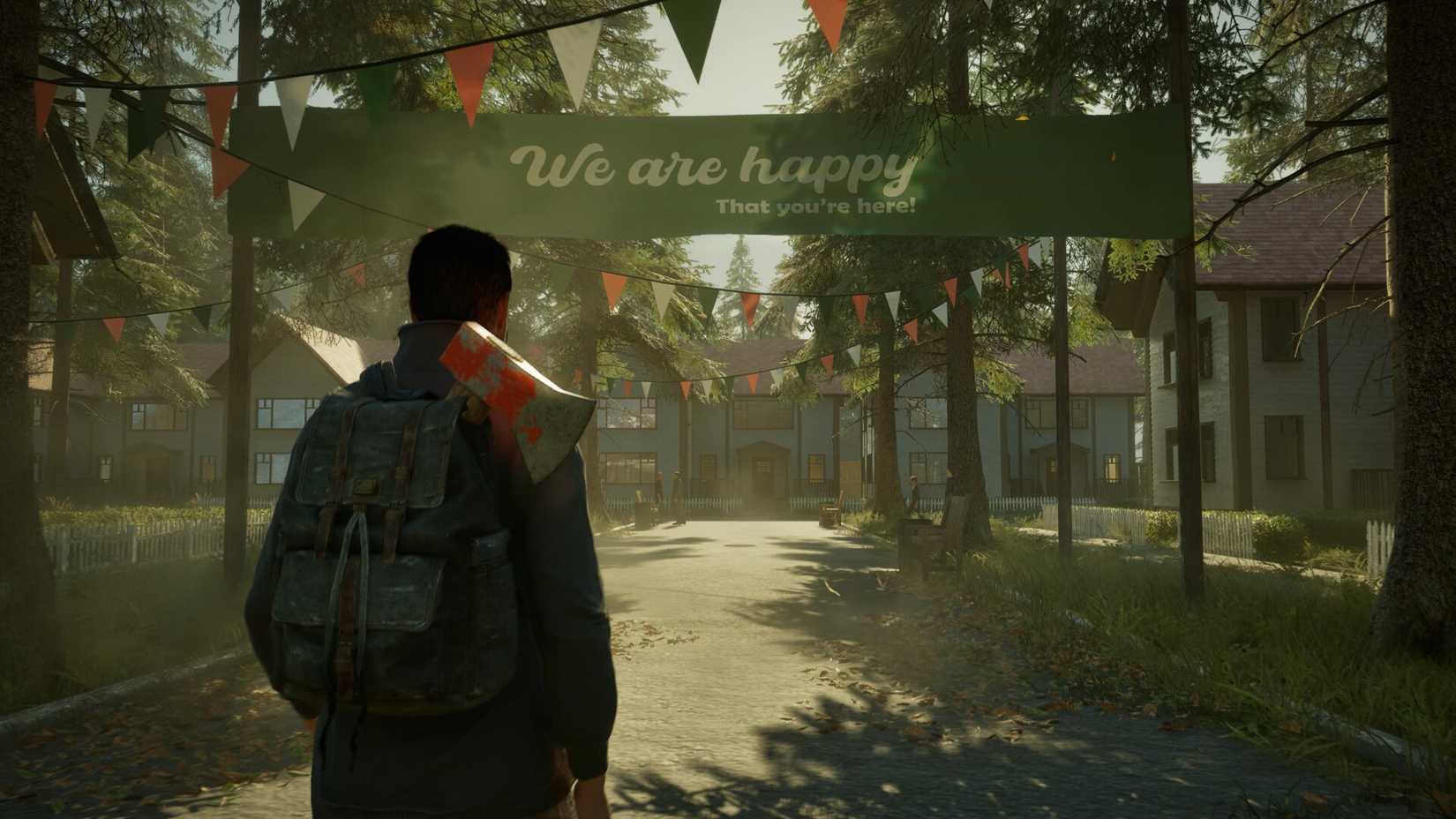 the Pines protagonist standing in front of a sign by a town